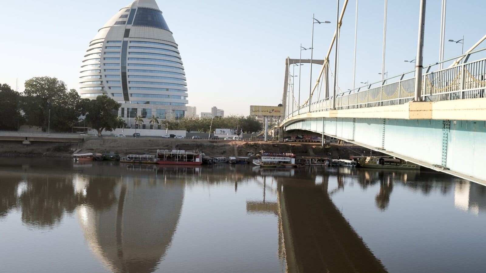 Khartoum: the Corinthia tower and Tuti Bridge across the Nile.